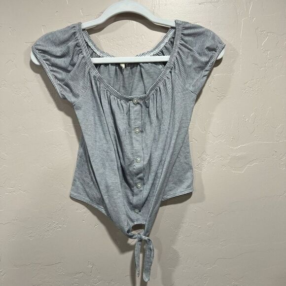 Sky And Sparrow Womens Crop Top White Black Stripe Off Shoulder Front Knot - Picture 1 of 5